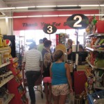 Folks line up to check out